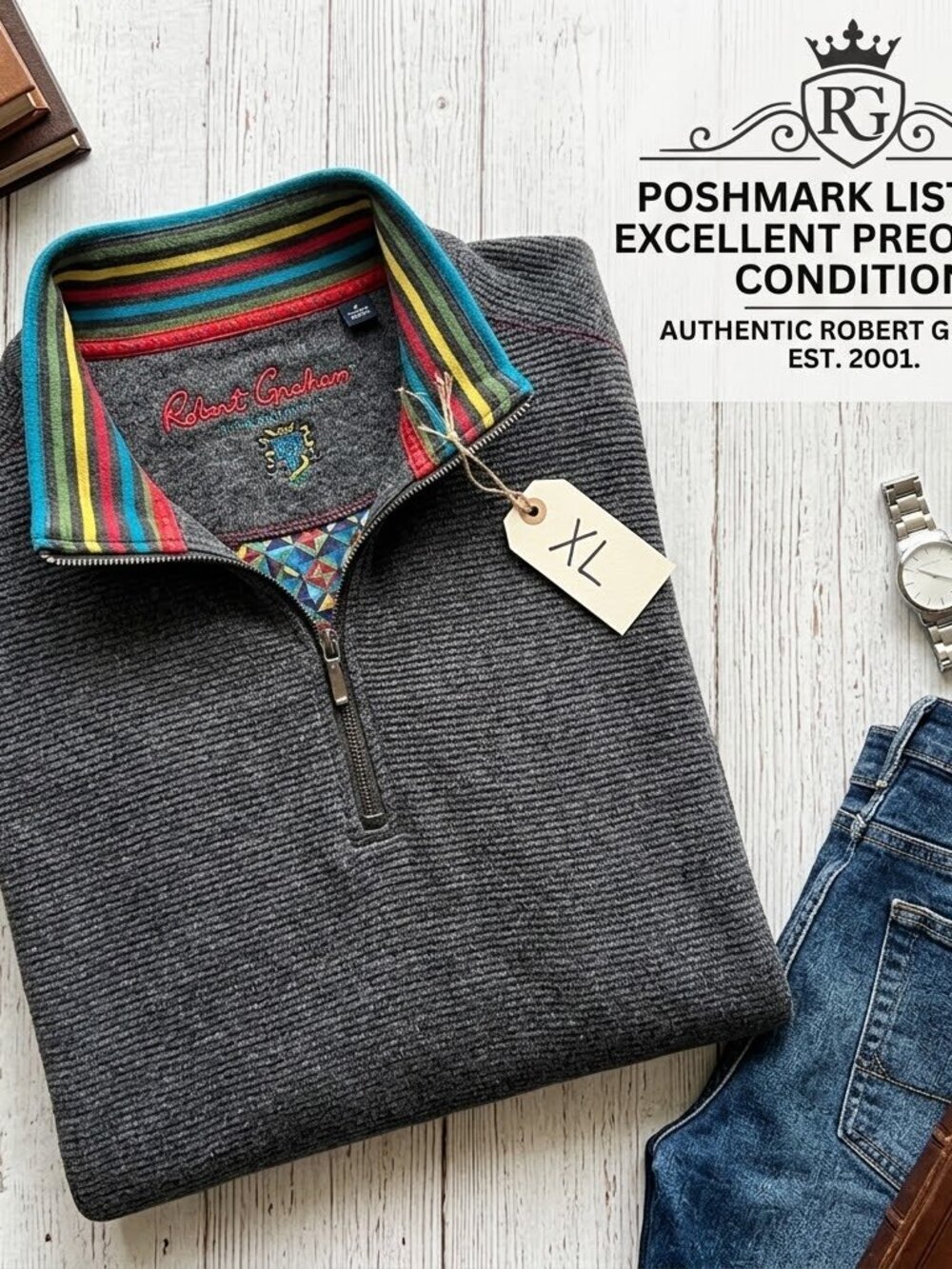 Robert Graham XL Men's Charcoal Ribbed 1/2 Zip Pullover Sweater - EXC Condition - Picture 2 of 9